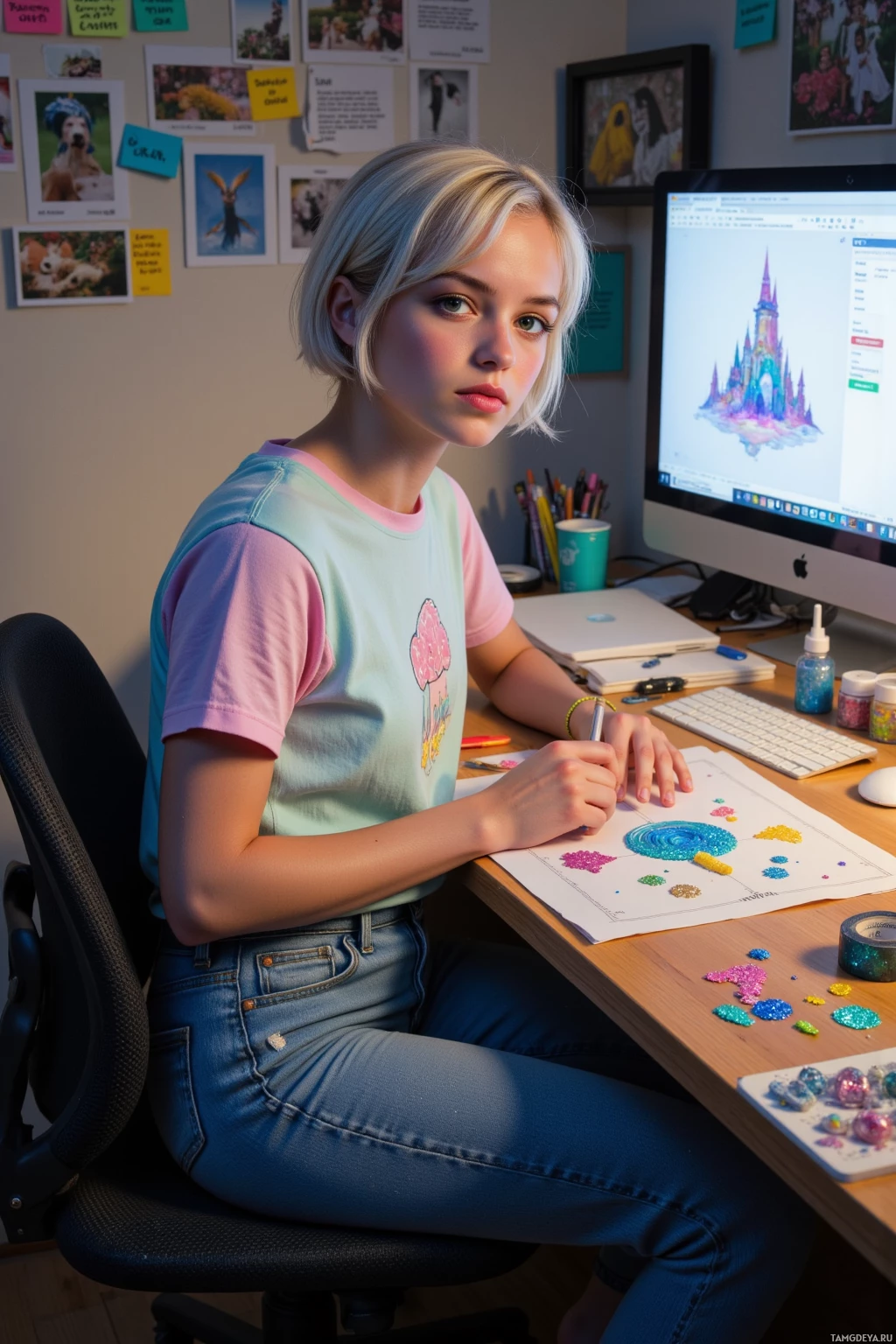 A person is sitting at a desk, working on a craft project with glitter and a computer displaying a colorful design.