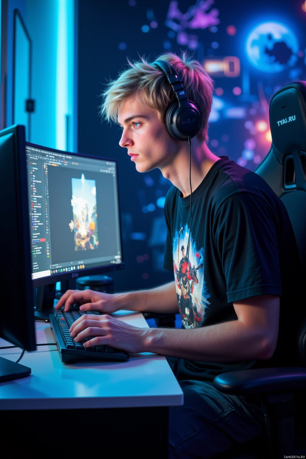 A person wearing headphones is seated at a desk working on a computer with a colorful background.