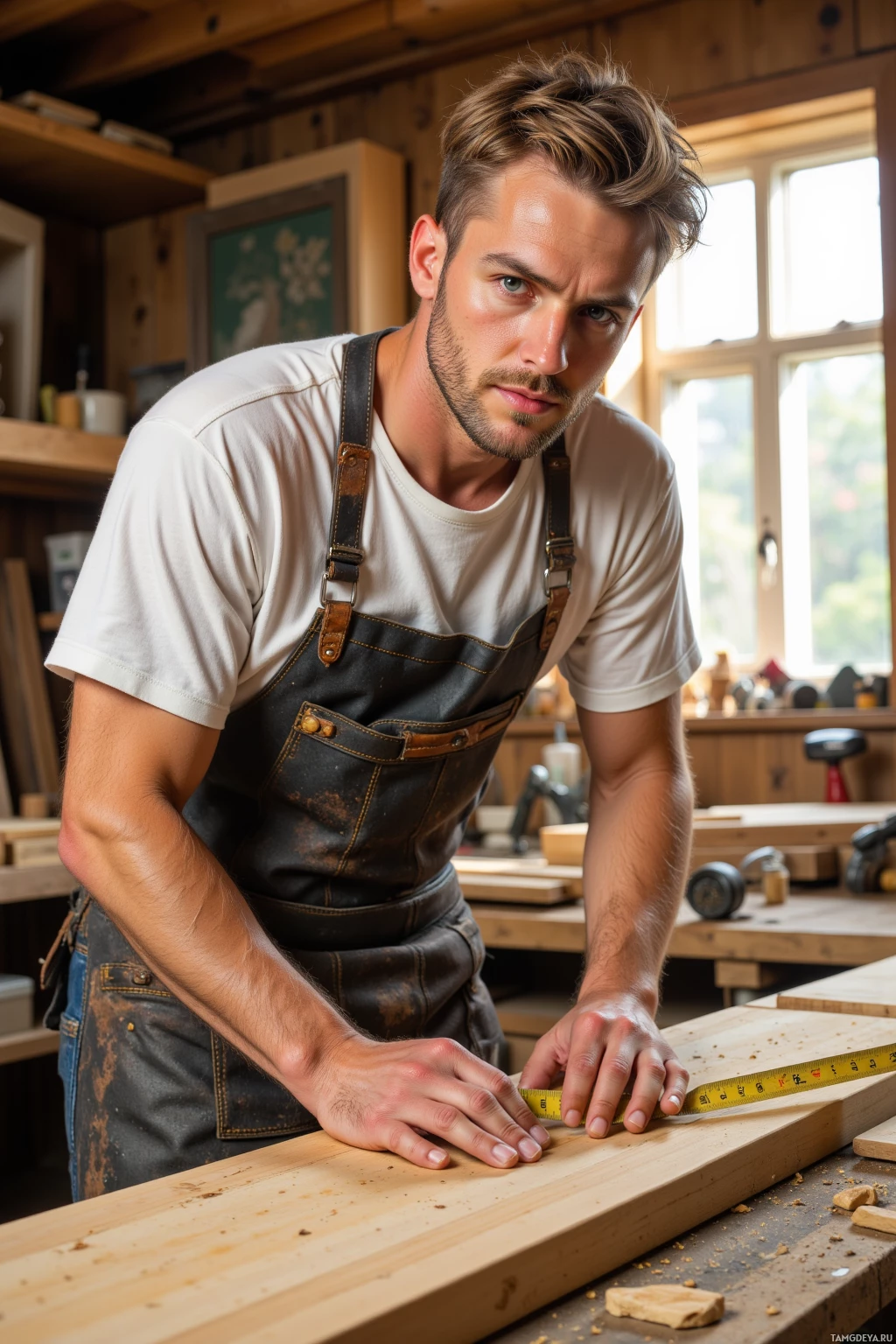 A man in a workshop wearing an apron measures a piece of wood with a tape measure.