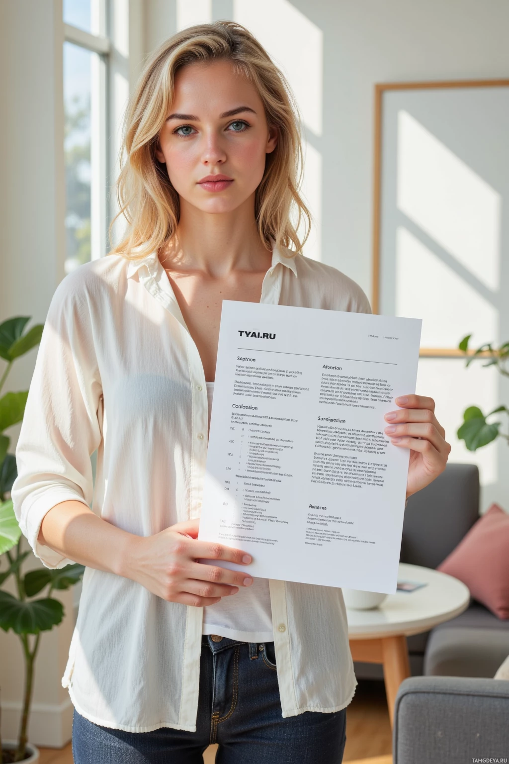 A person holds up a document with "TYAI.RU" at the top in front of a bright indoor setting.