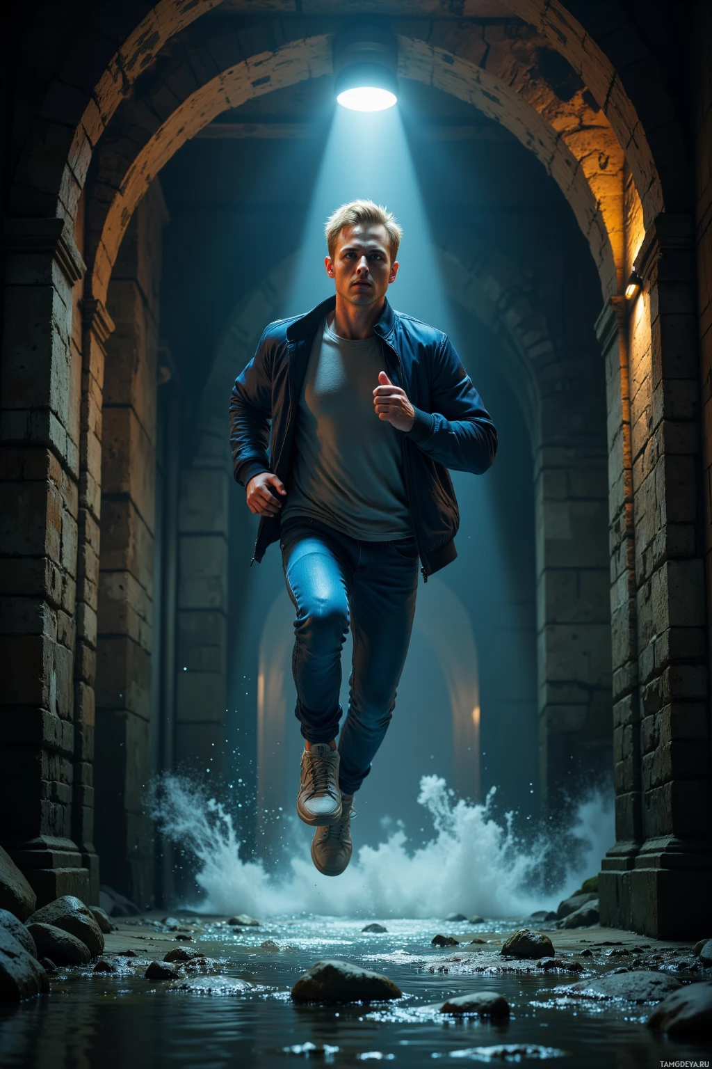 A person jumps over water in an arched stone corridor illuminated by overhead lights.