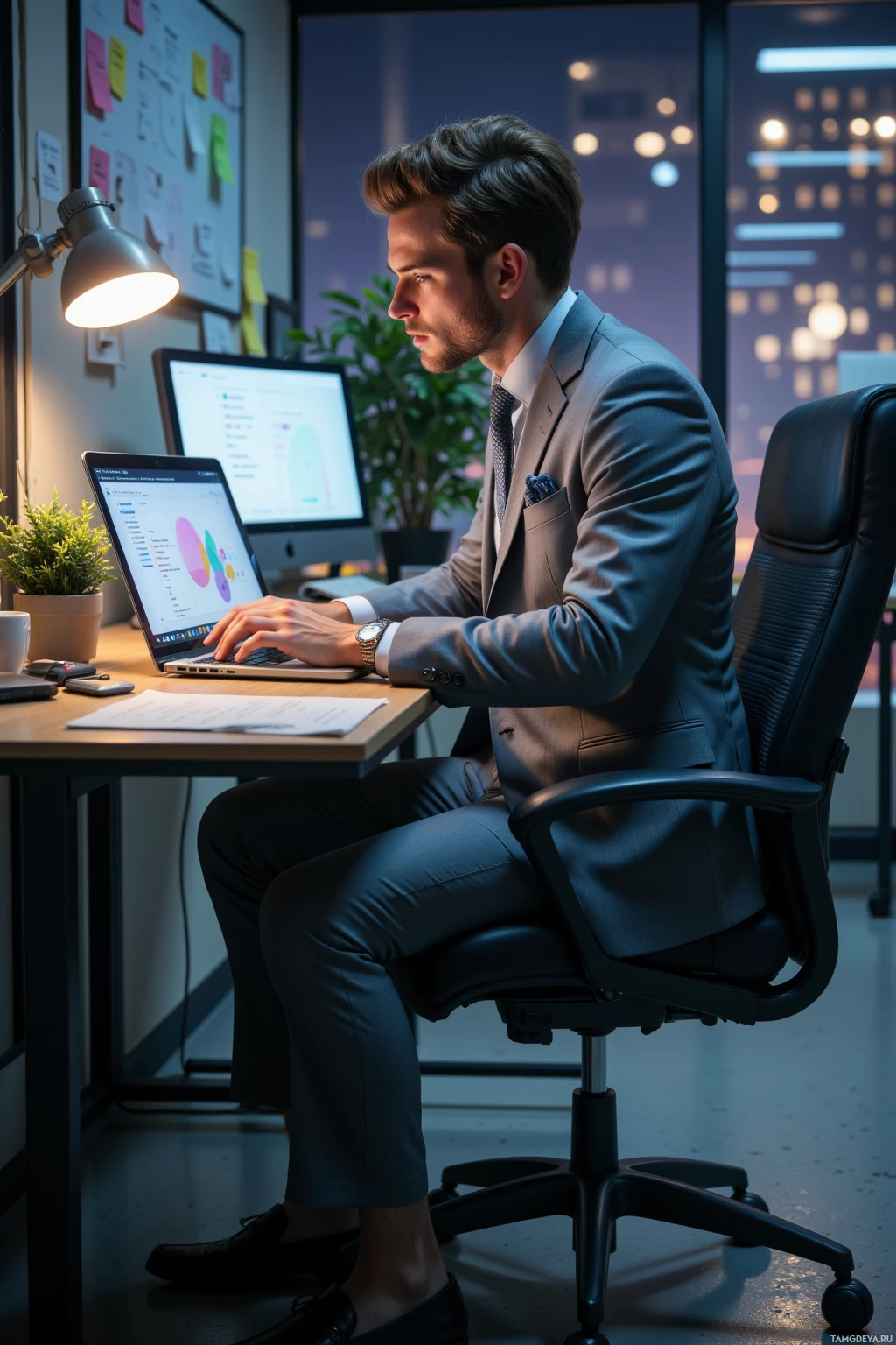 A man in a suit works at a desk with a laptop and computer, illuminated by a desk lamp.