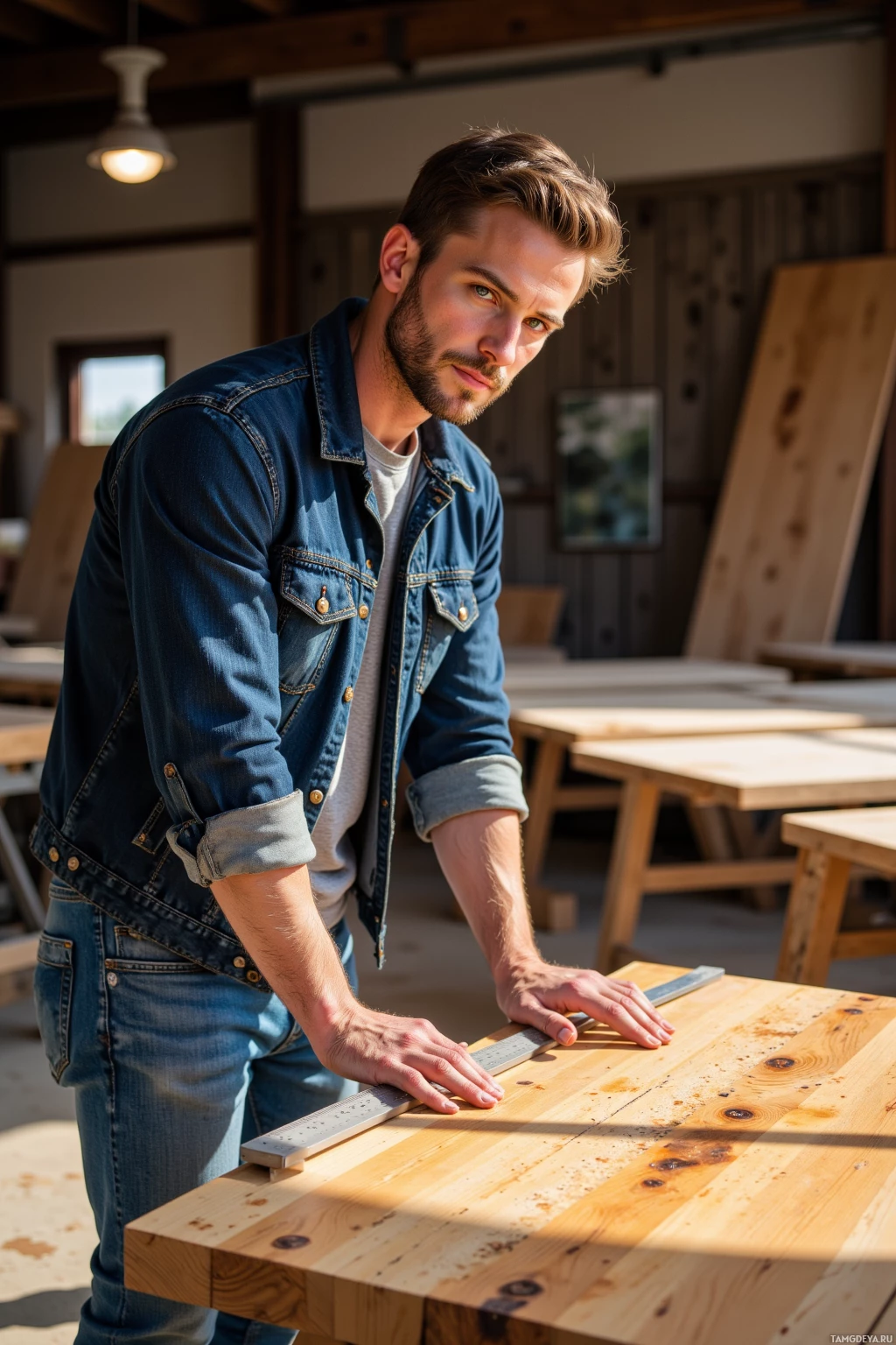 A man in a denim jacket measures wood with a ruler on a workbench in a workshop setting.