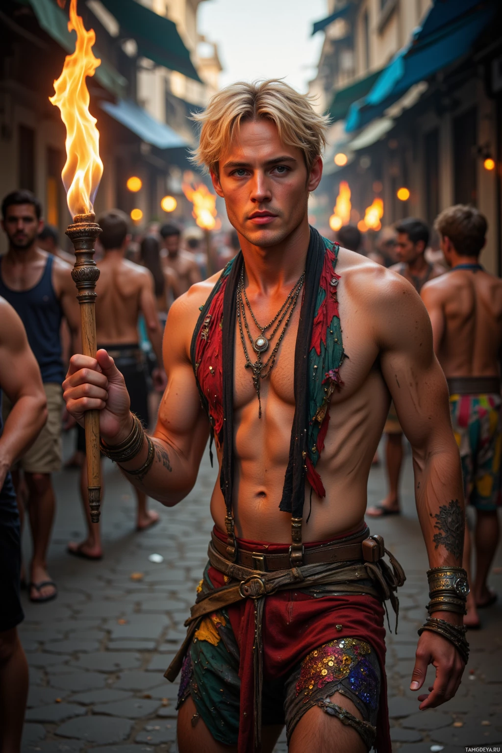 A shirtless man in colorful attire holds a flaming torch amidst a crowd on cobblestone streets.