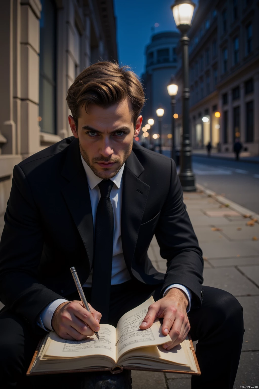 A man in a suit sits on a bench, writing in a notebook.