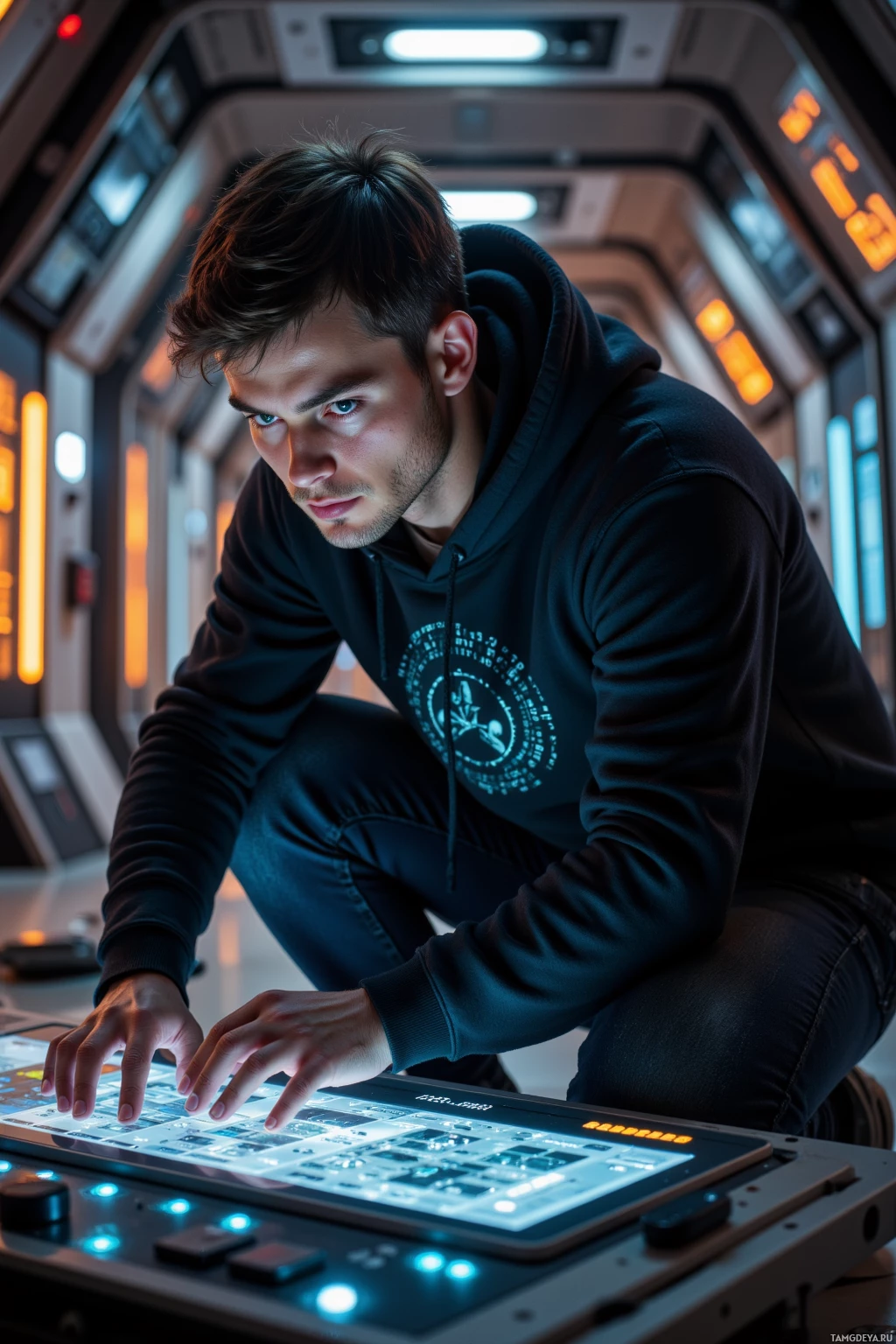 A person in a hoodie is crouching and interacting with a futuristic control panel.