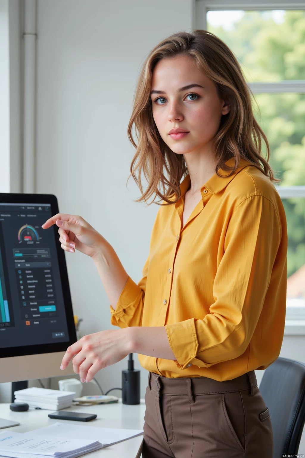 A person in a yellow shirt stands at an office desk with a computer monitor displaying data and graphs.