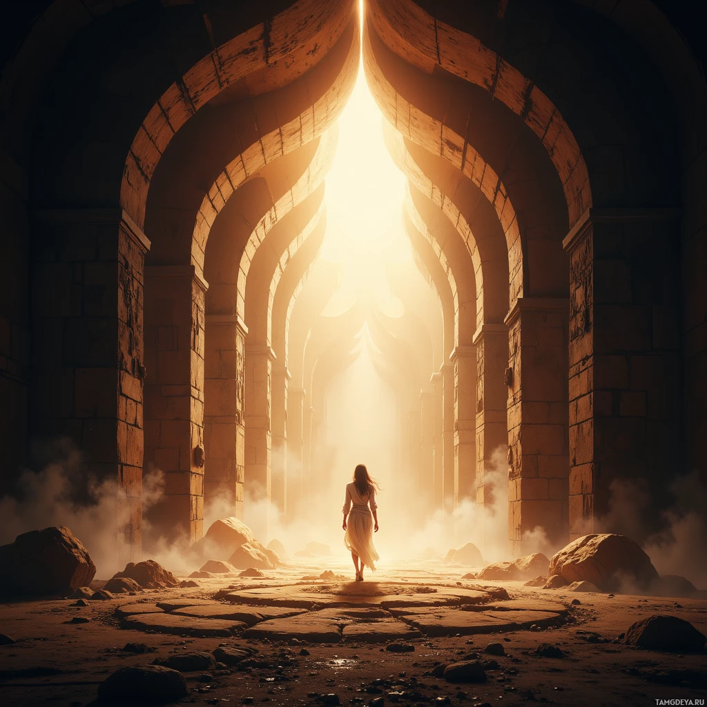 A person walks towards a bright light at the end of a stone corridor.