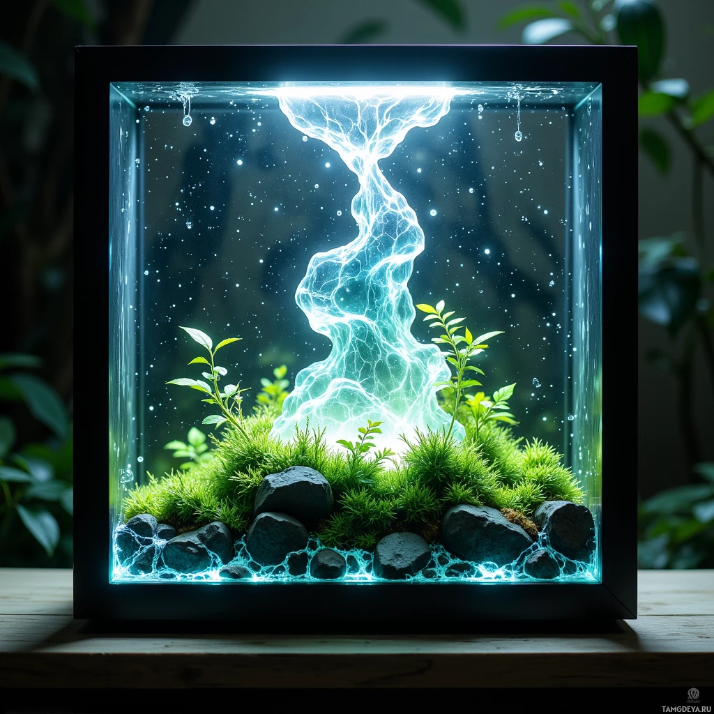 A glass box contains a miniature landscape with moss, rocks, and glowing plants, illuminated by an ethereal light effect.