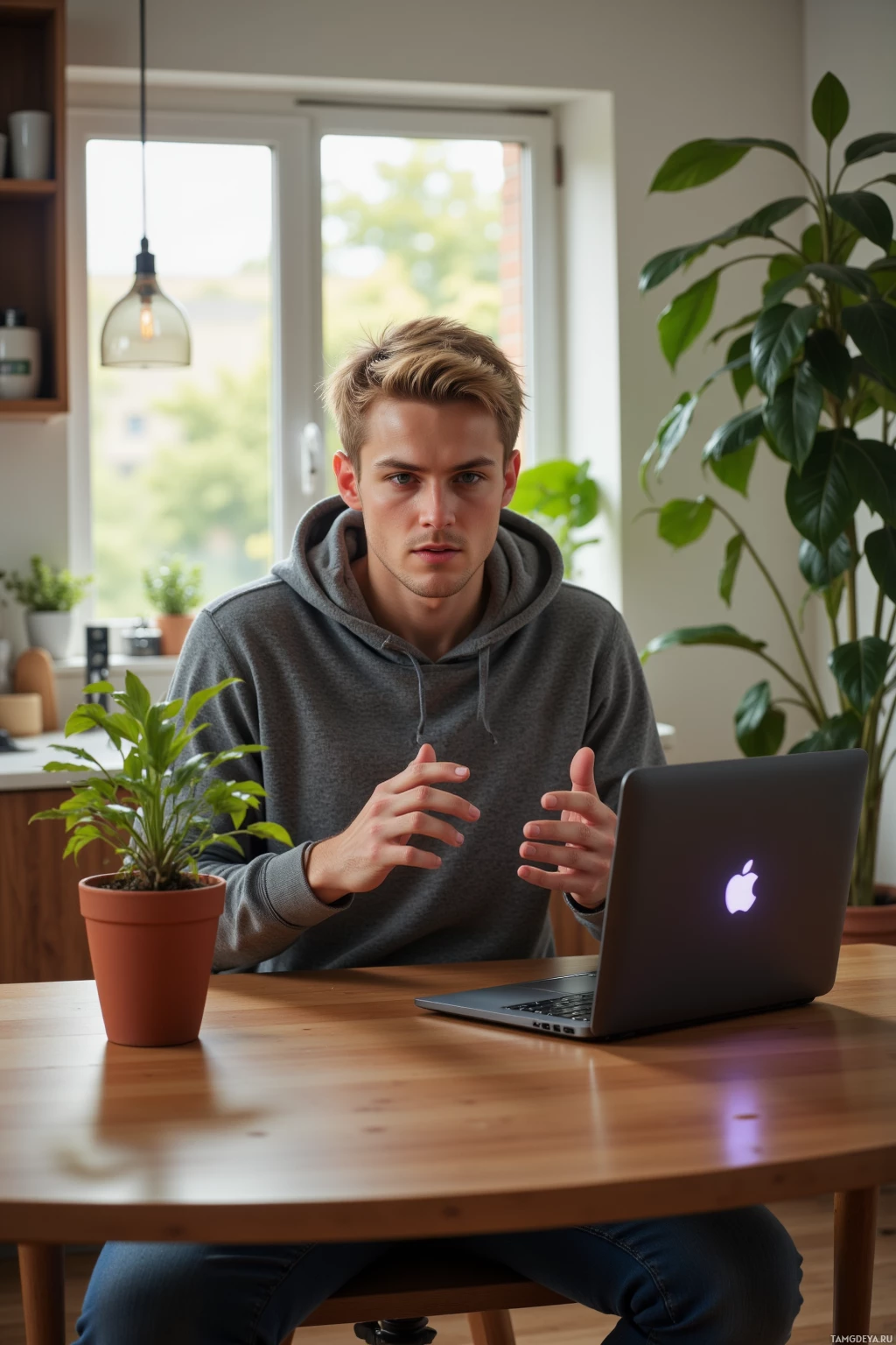 A person in a gray hoodie sits at a wooden table with a laptop and a potted plant, gesturing with their hands.