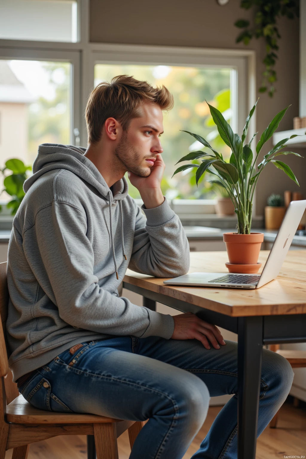 A person sits at a wooden table with a laptop and a potted plant, looking out through large windows in a well-lit room.