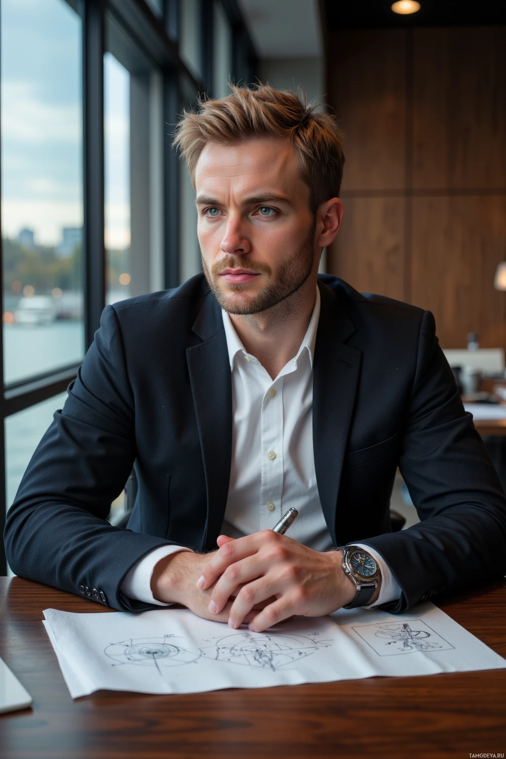 A man in a suit sits at a desk with blueprints and a pen, looking thoughtful.