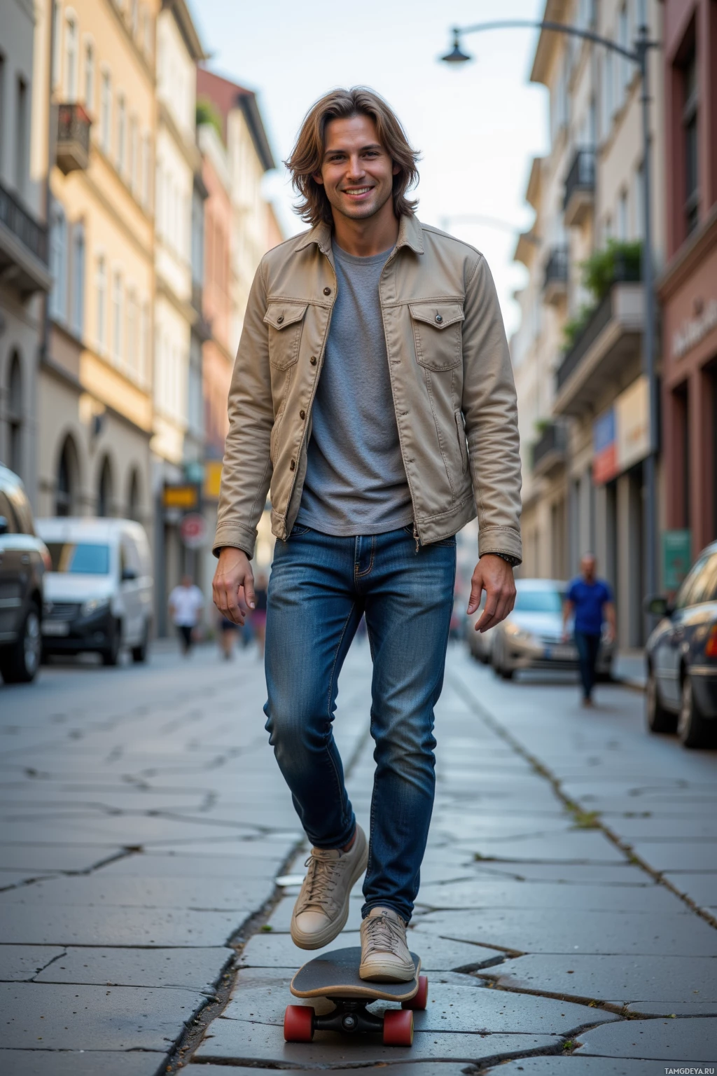 A person rides a skateboard on a city street.