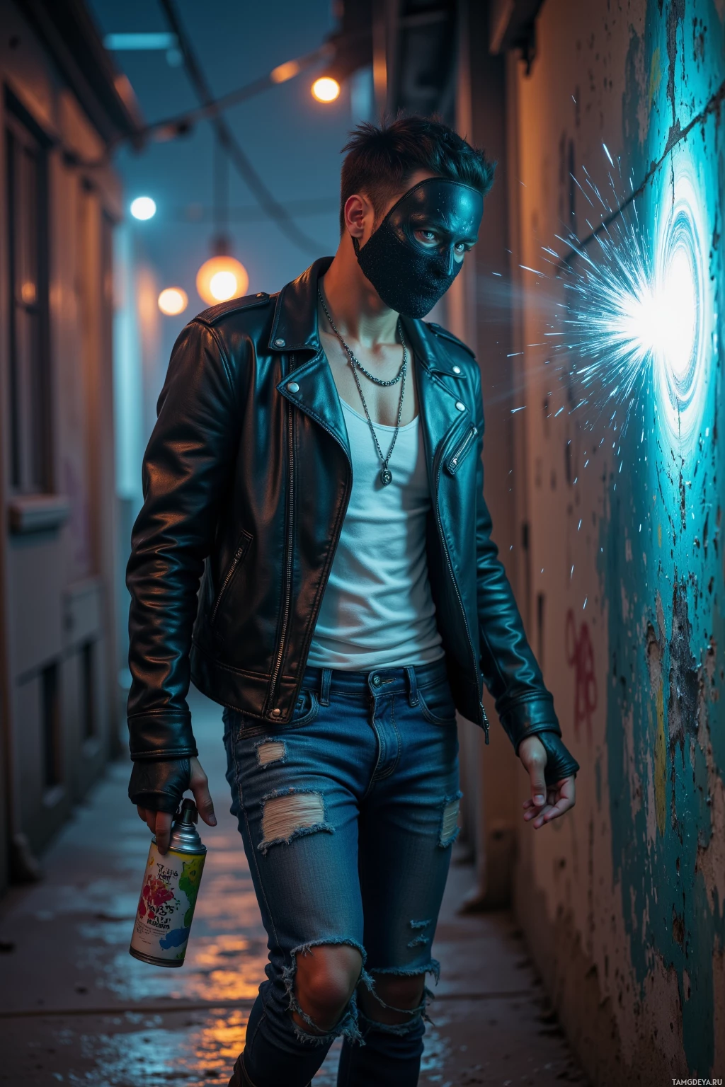 A person wearing a leather jacket and ripped jeans stands in an alleyway holding a spray can, with a glowing effect on the wall behind them.
