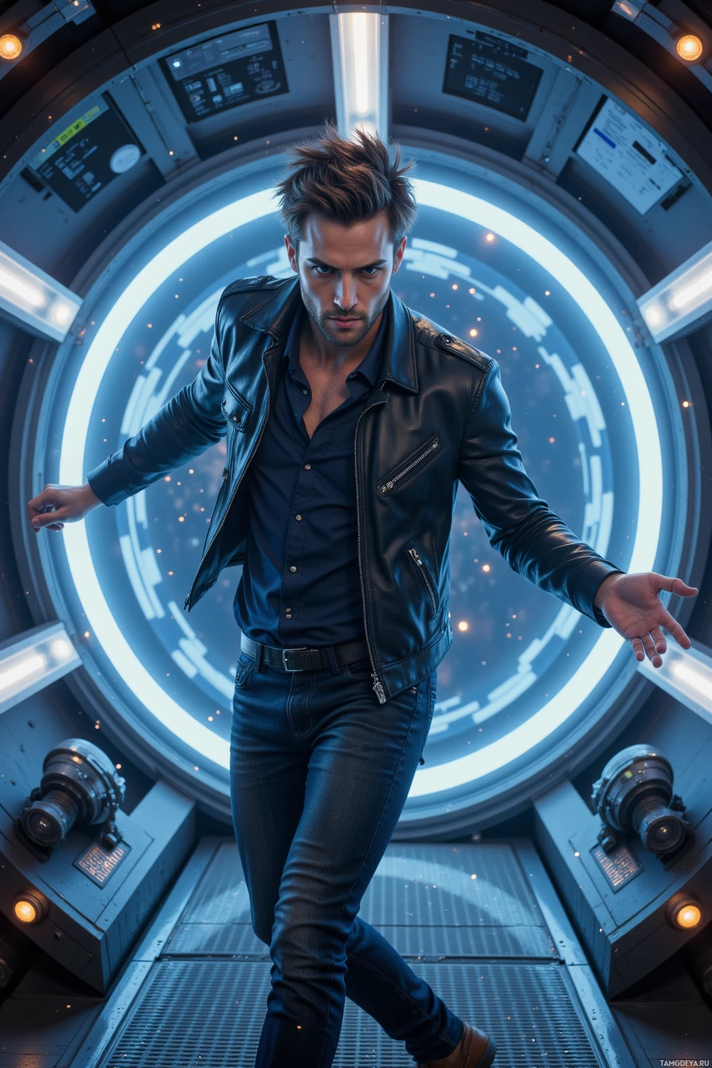 A man in a leather jacket and jeans stands in a futuristic, circular, high-tech environment.