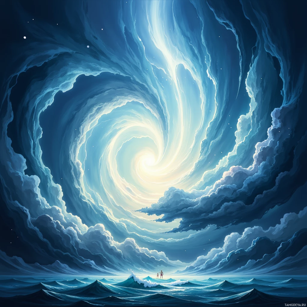 A swirling vortex of light and clouds in a night sky.