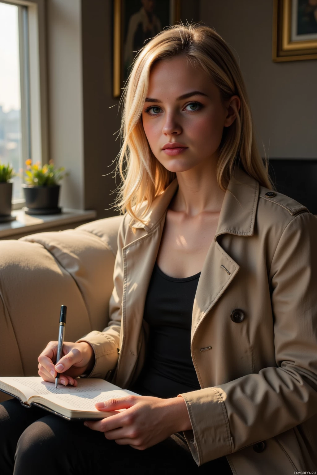 A person in a beige jacket sits on a couch, holding a pen and notebook while looking forward.