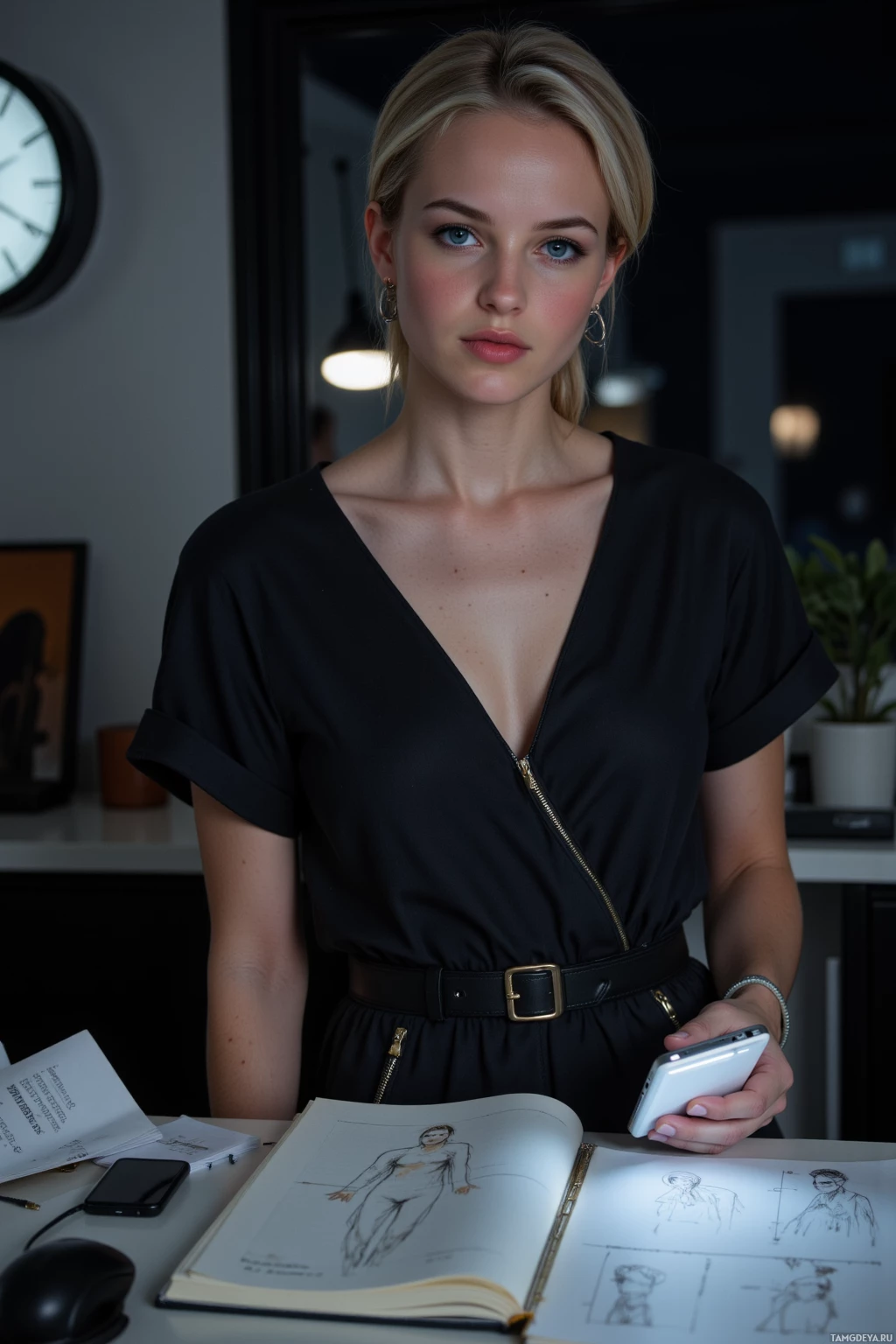 A person in a black dress stands at a desk with a sketchbook and a smartphone.