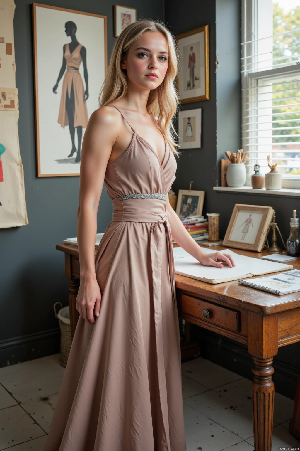A woman in a long, elegant dress stands in a room with framed fashion illustrations on the wall.