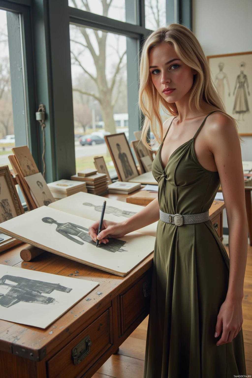 A person in an olive green dress is sketching on paper at a wooden desk with framed drawings and books around them.