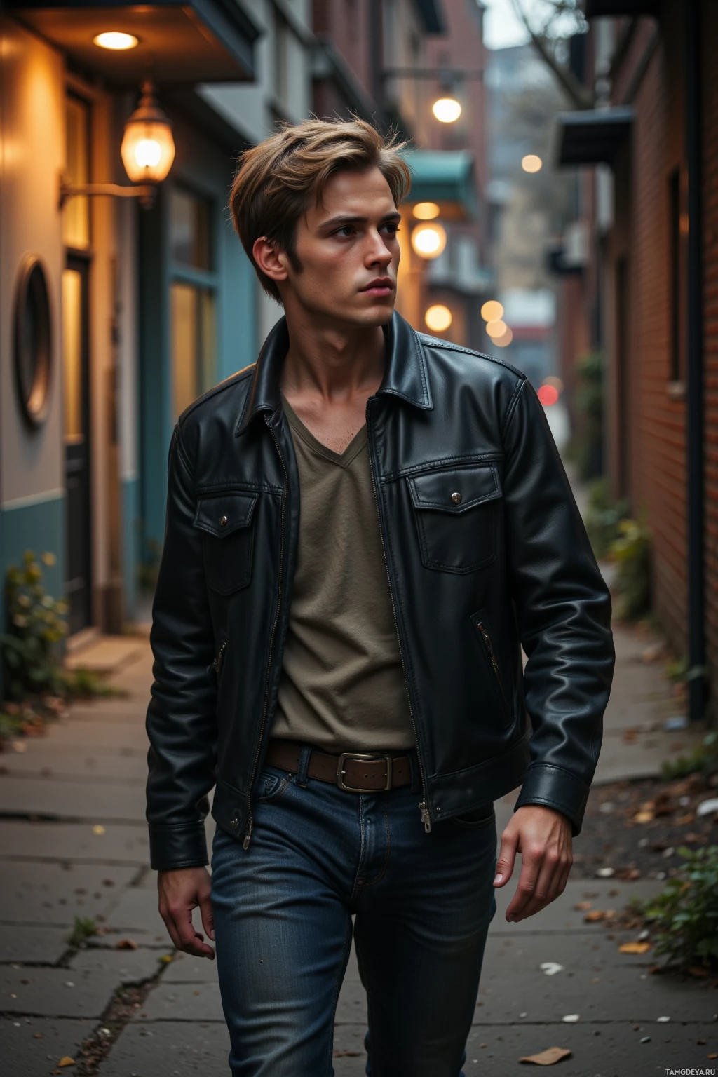 A person wearing a black leather jacket and jeans walks down a street at dusk.