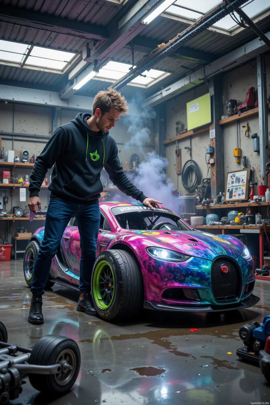 A person stands beside a colorful, custom-painted car in a workshop.