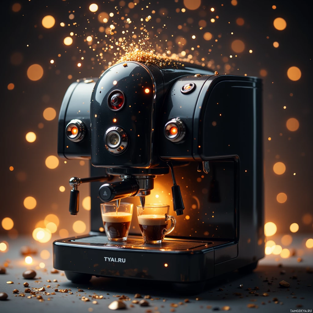 A sleek espresso machine is brewing coffee into two glasses against a sparkling background.