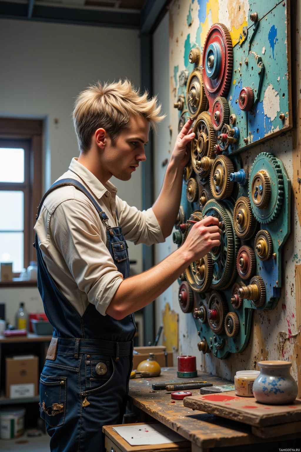 A person in overalls works on a colorful mechanical gear panel in an art studio setting.
