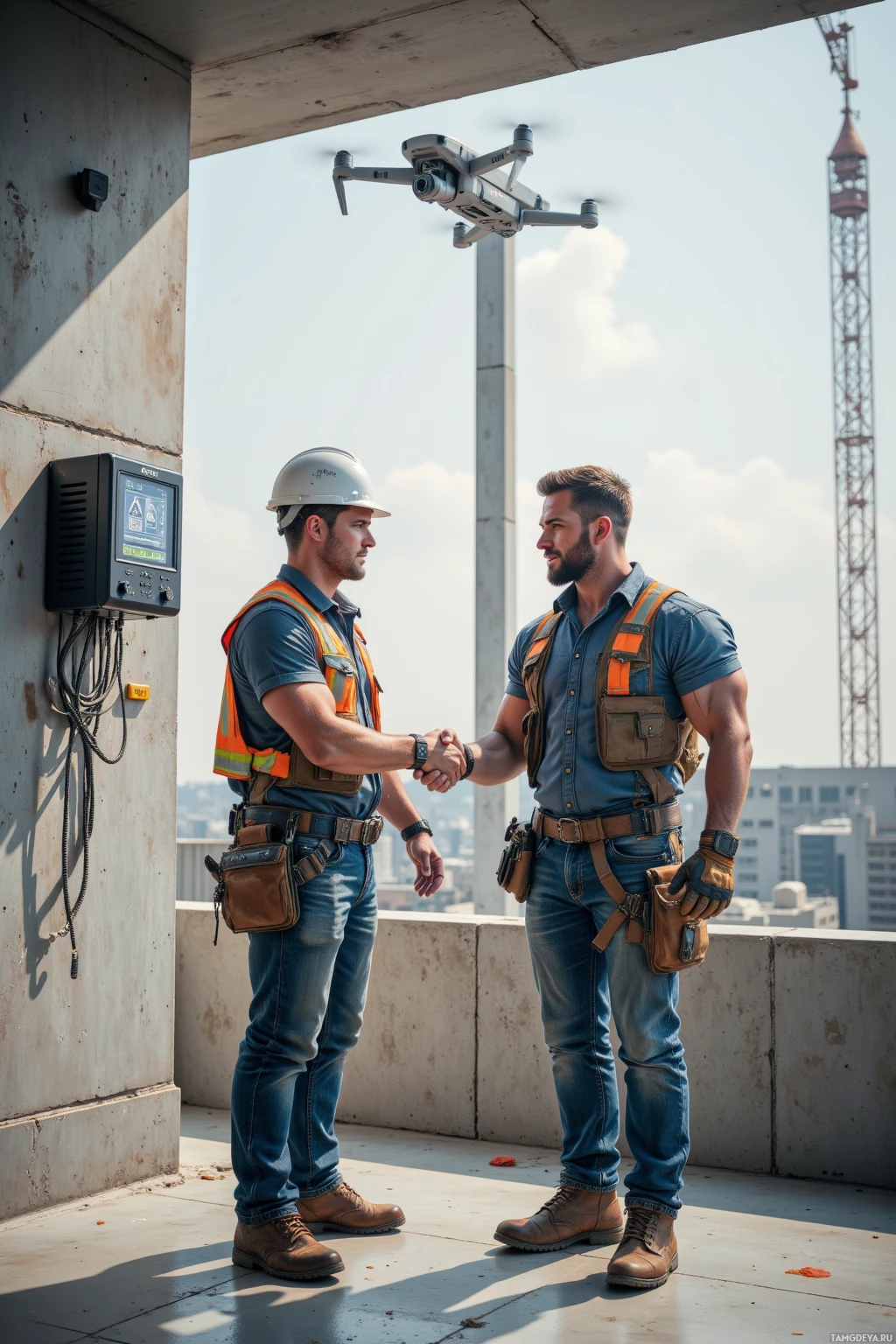 Two construction workers shake hands on a rooftop with a drone flying above.