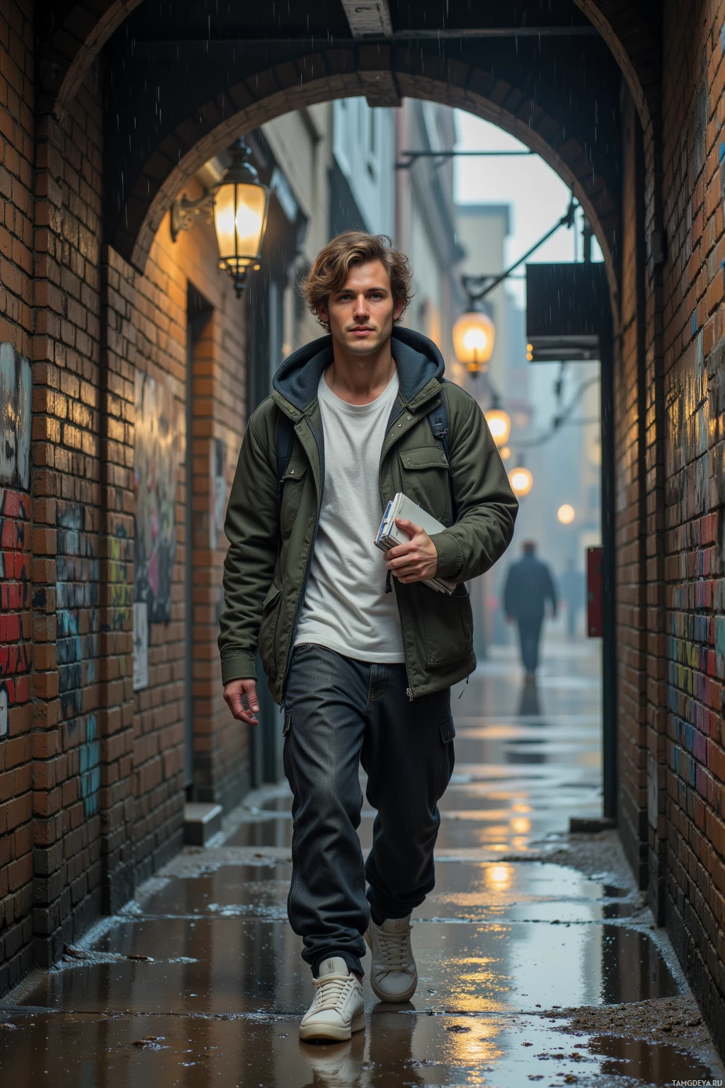 A person walks through a wet alleyway under arched brick structures, holding a book and wearing casual attire.