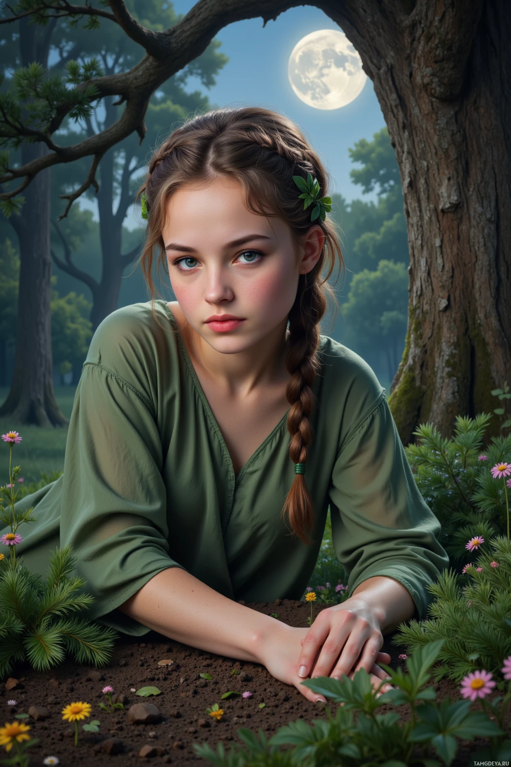 A young person with braided hair rests their hands on the ground amidst flowers and trees under a full moon.