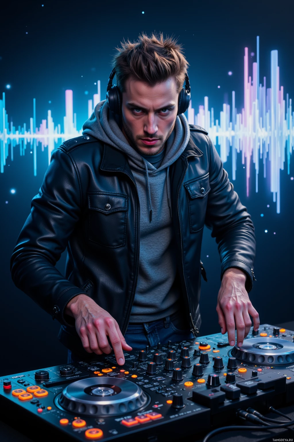 A person wearing headphones and a leather jacket is operating a DJ mixing console.