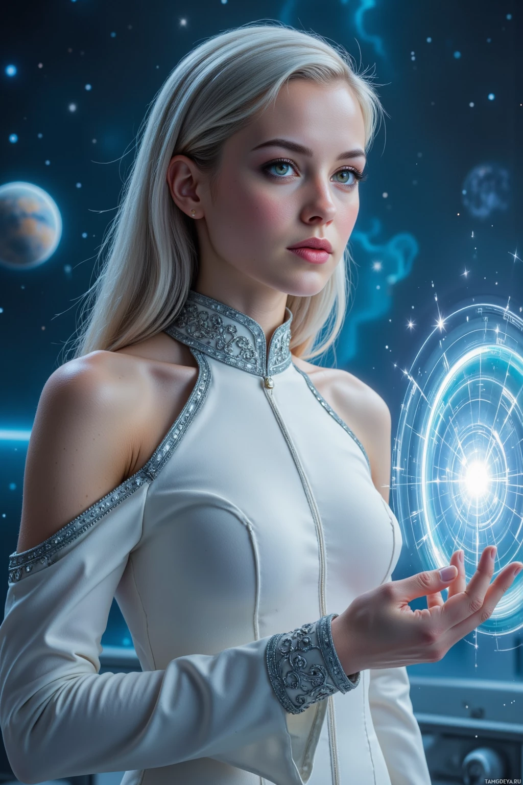A person in an elegant white outfit stands against a cosmic background with planets and stars, holding out their hand towards a glowing circular device.