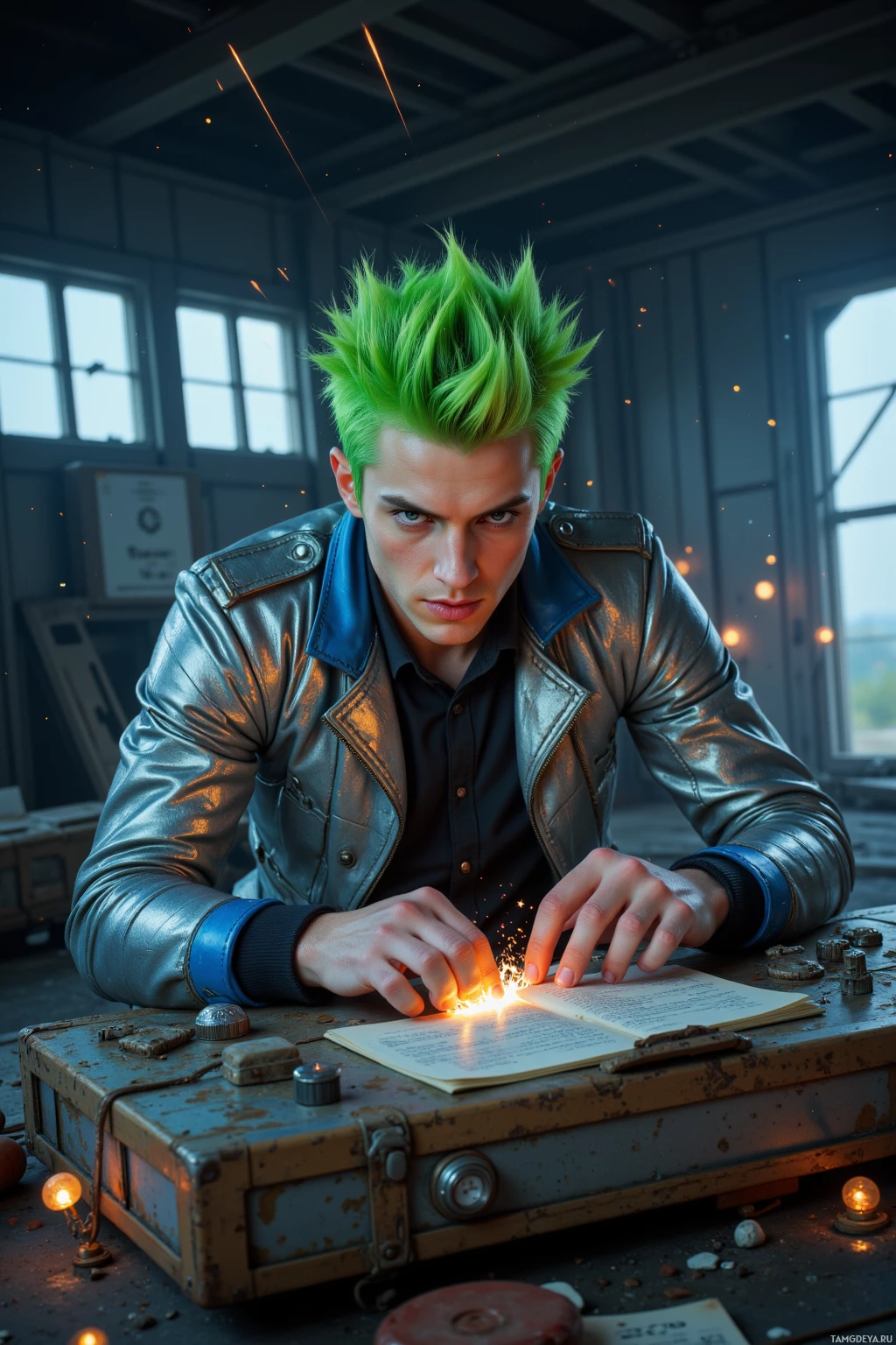 A person with green spiky hair sits at an old suitcase, holding a glowing object over an open book.