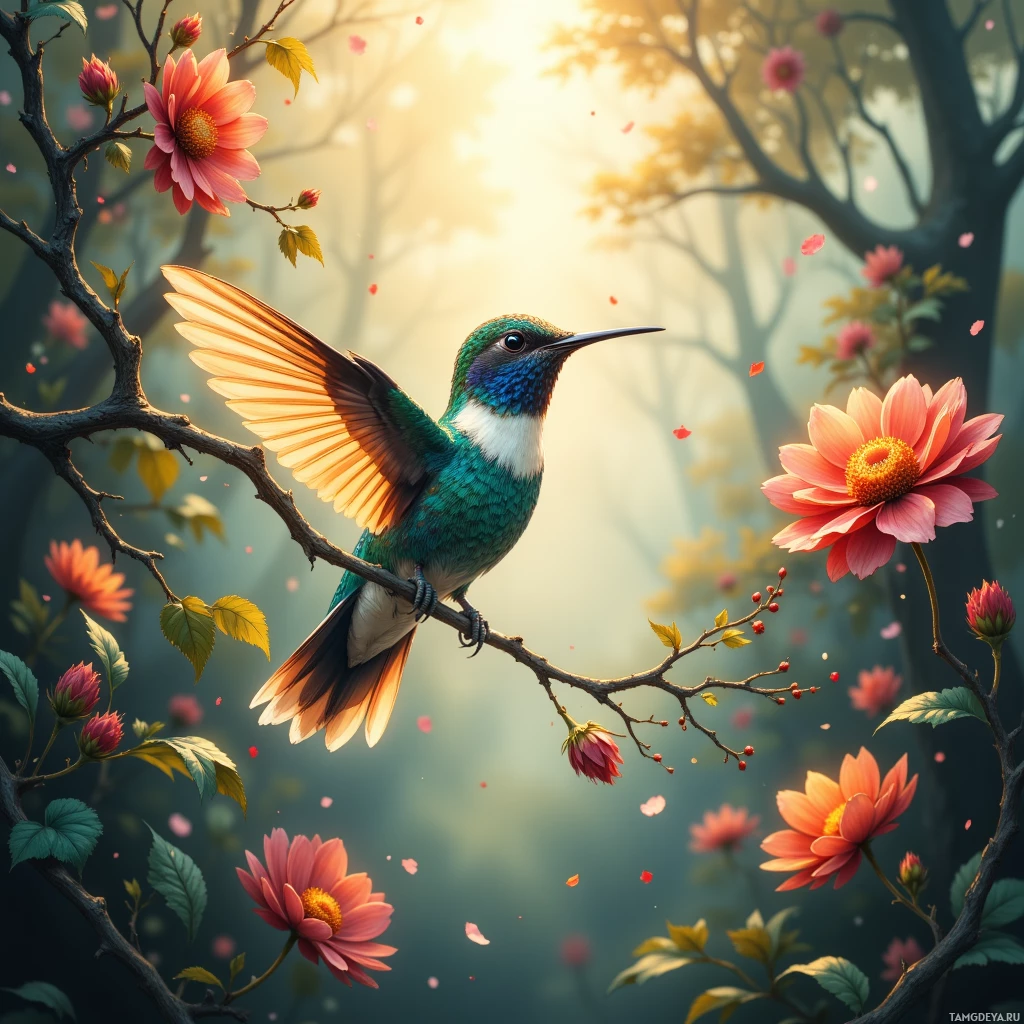 A hummingbird perches on a branch amidst blooming flowers and a soft, sunlit forest backdrop.