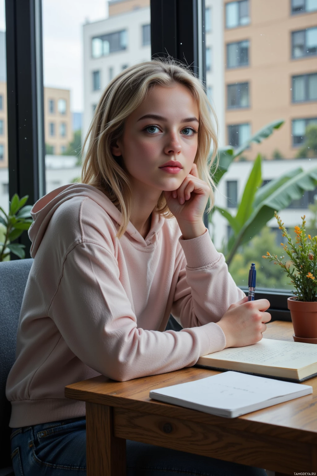 A person in a pink hoodie sits at a desk with an open book and notebook, looking out a window.