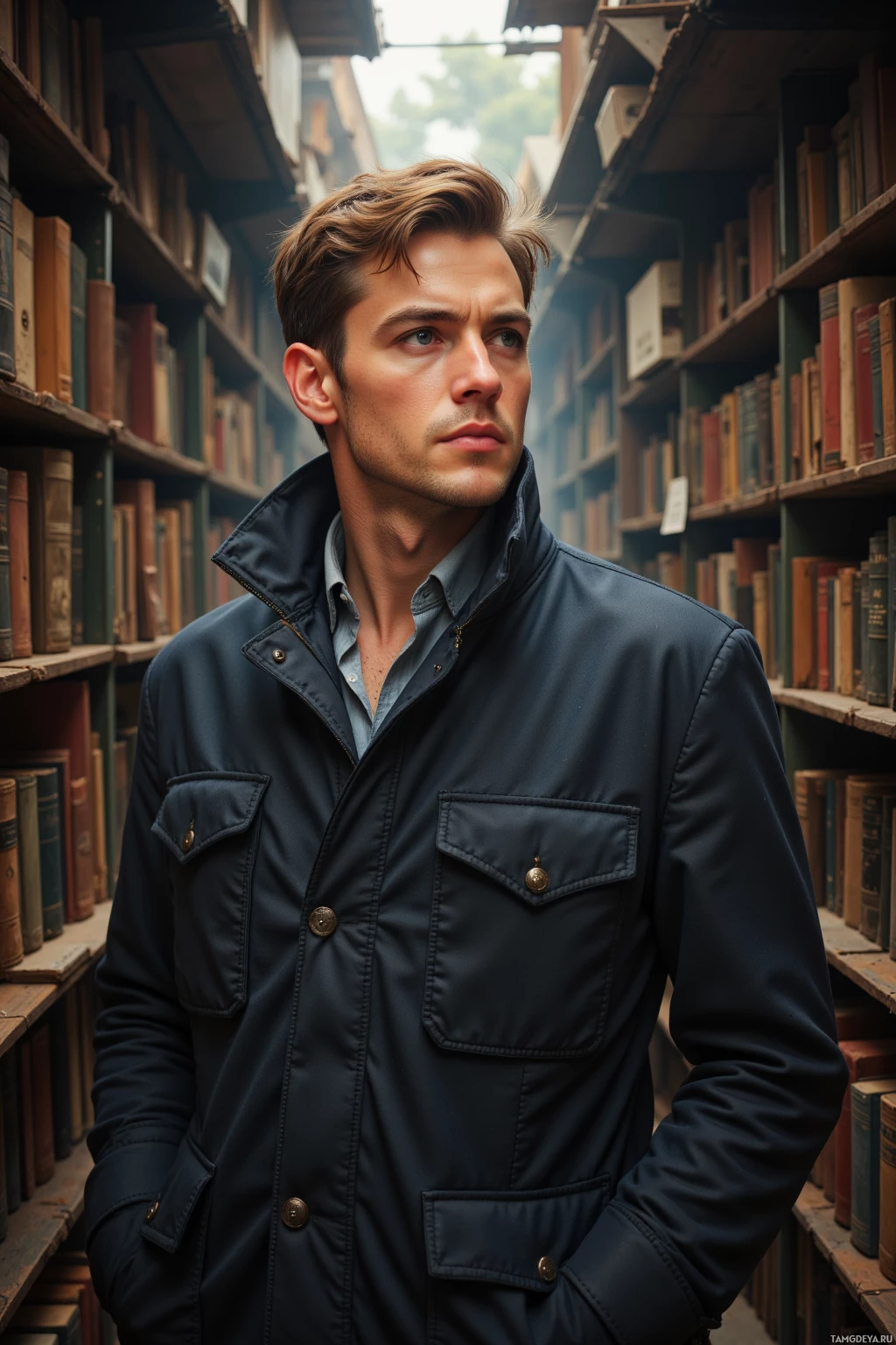 A man in a navy jacket stands amidst bookshelves in what appears to be a library or bookstore.