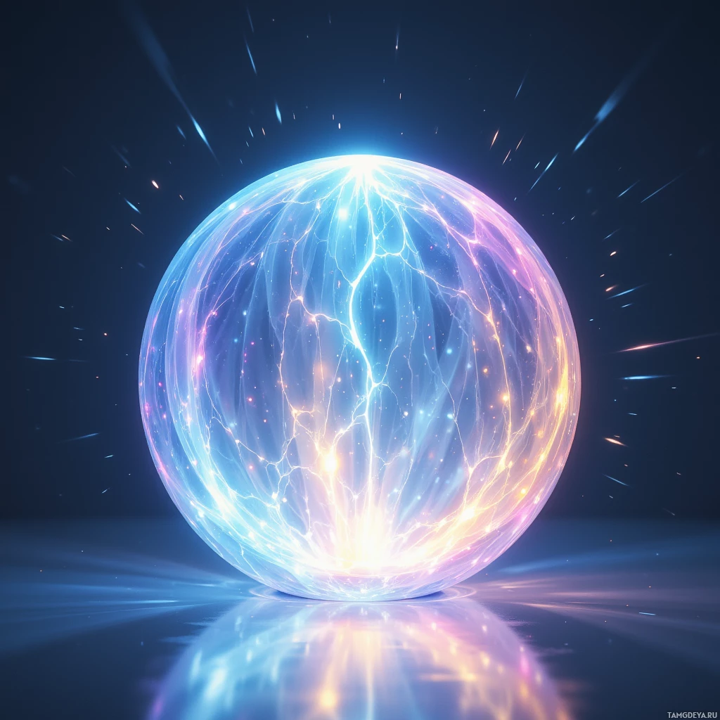 A glowing, ethereal sphere with intricate light patterns and reflections on a dark background.
