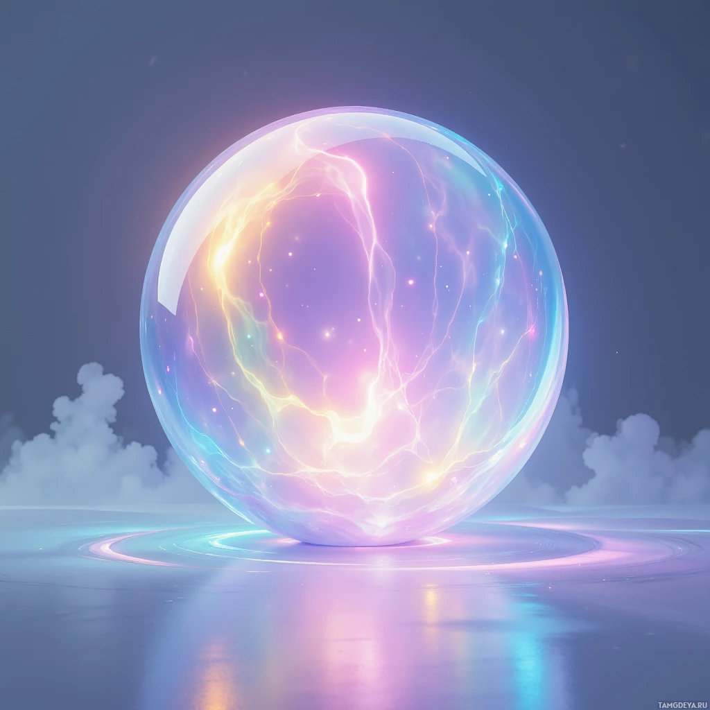 A glowing, colorful sphere with swirling patterns sits on a reflective surface against a backdrop of clouds and sky.