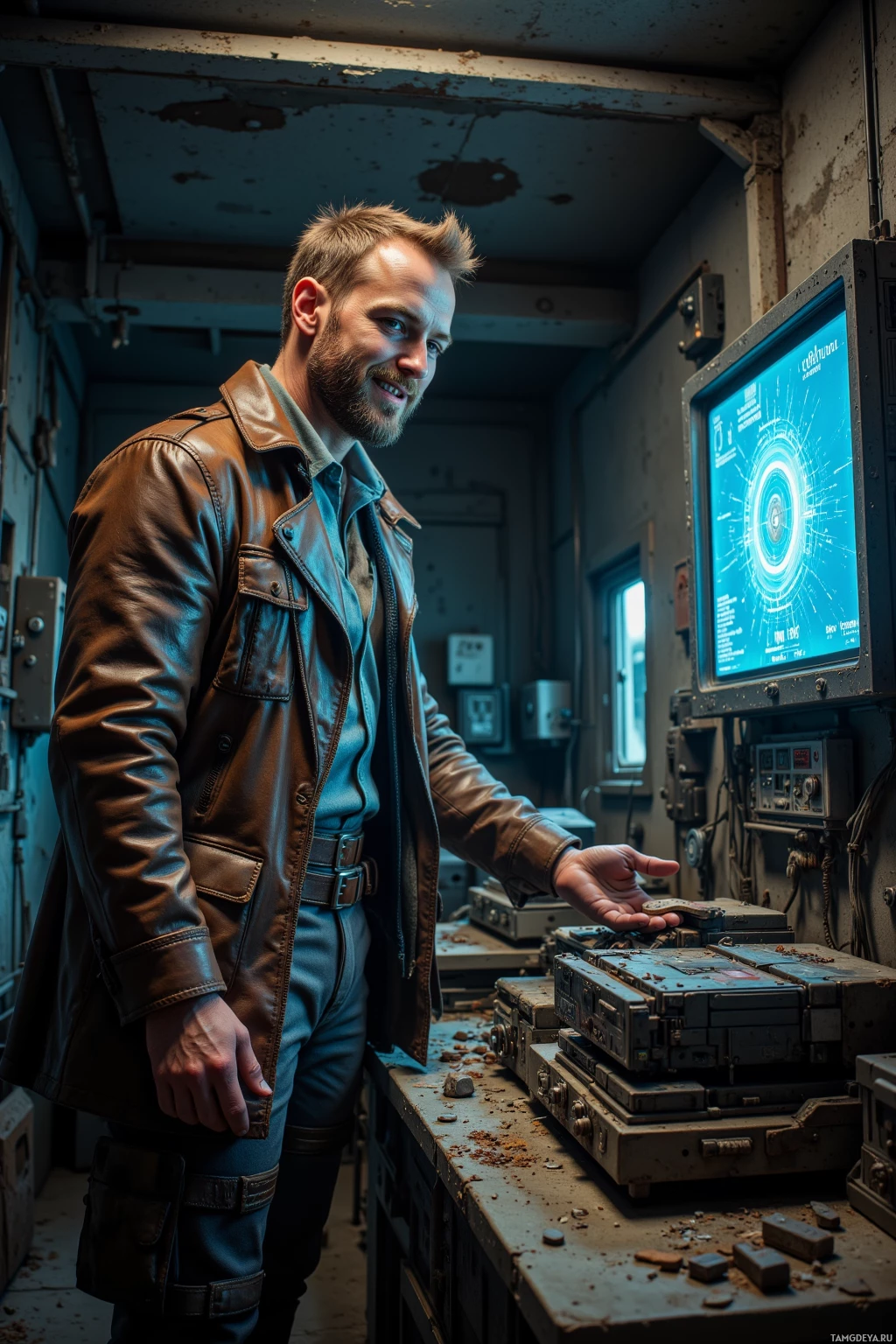 A man in a leather jacket stands in a dimly lit room with a computer monitor displaying a circular interface.