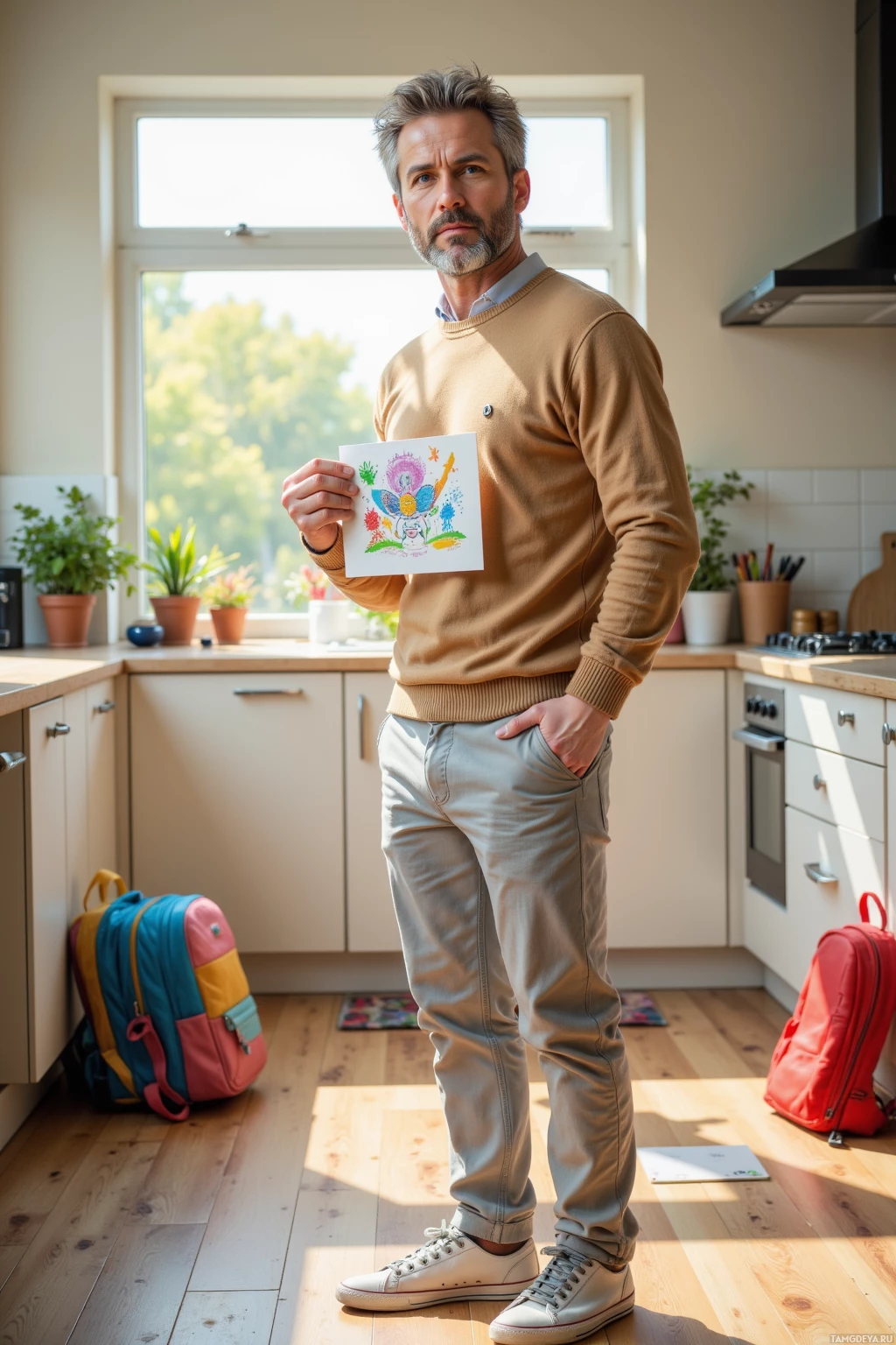 A man stands in a kitchen holding a colorful drawing.