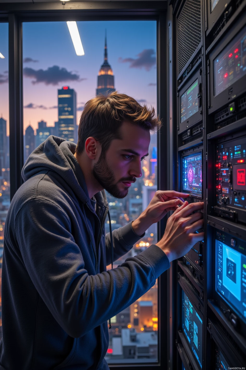 A person is working on server equipment in front of a cityscape at dusk.