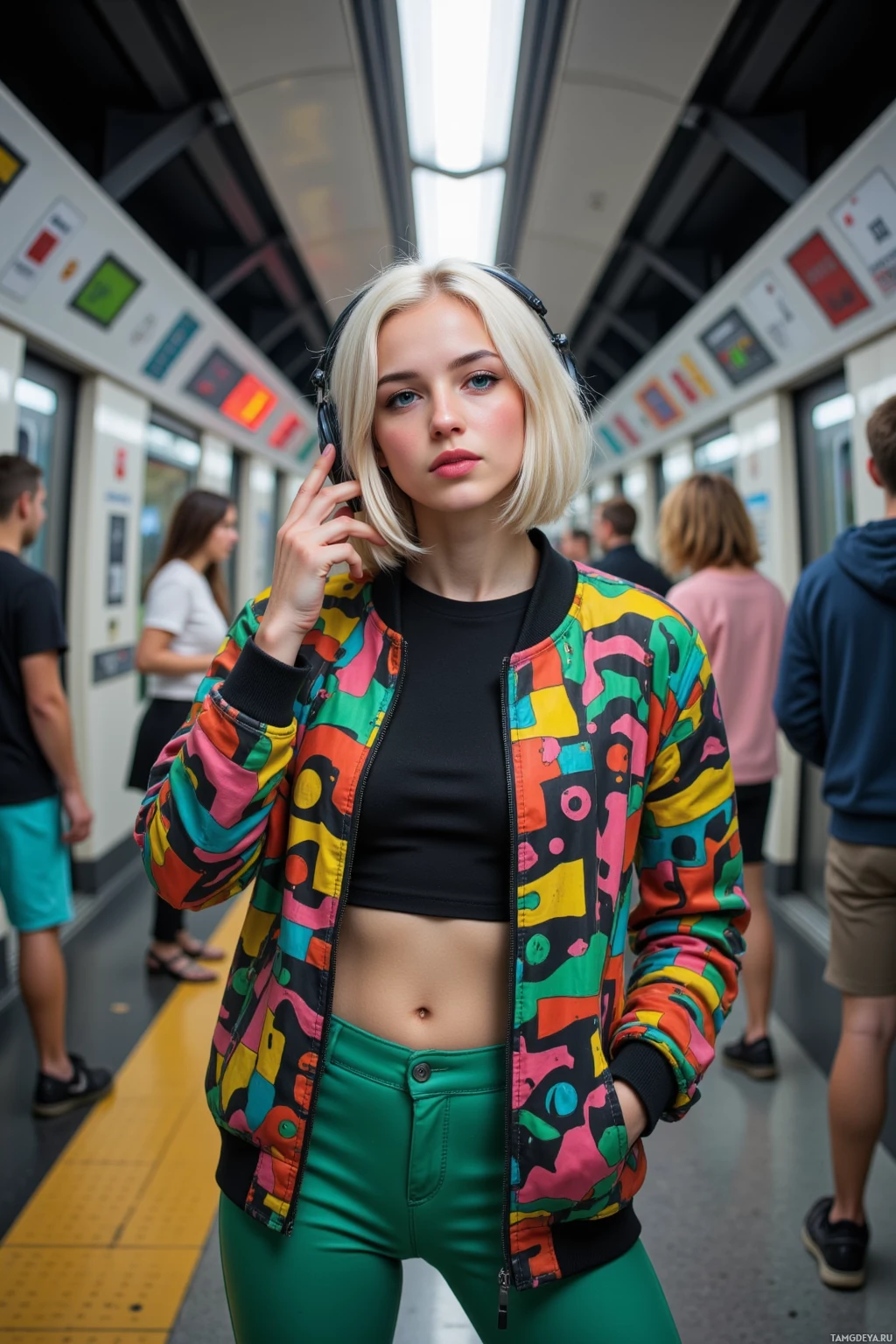 A person wearing headphones and a colorful jacket stands on a subway platform with others in the background.