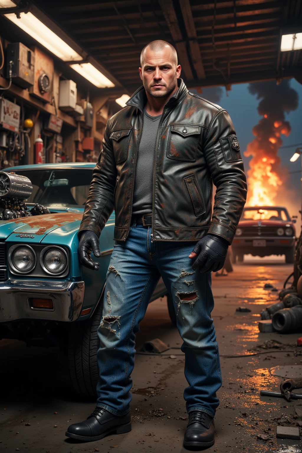 A man in a leather jacket and jeans stands in a garage with a car and a fiery explosion in the background.