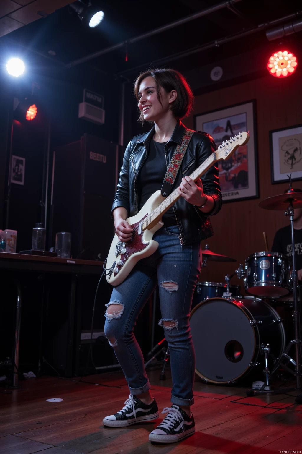A person plays an electric guitar on stage in front of a drum set under red and white lights.