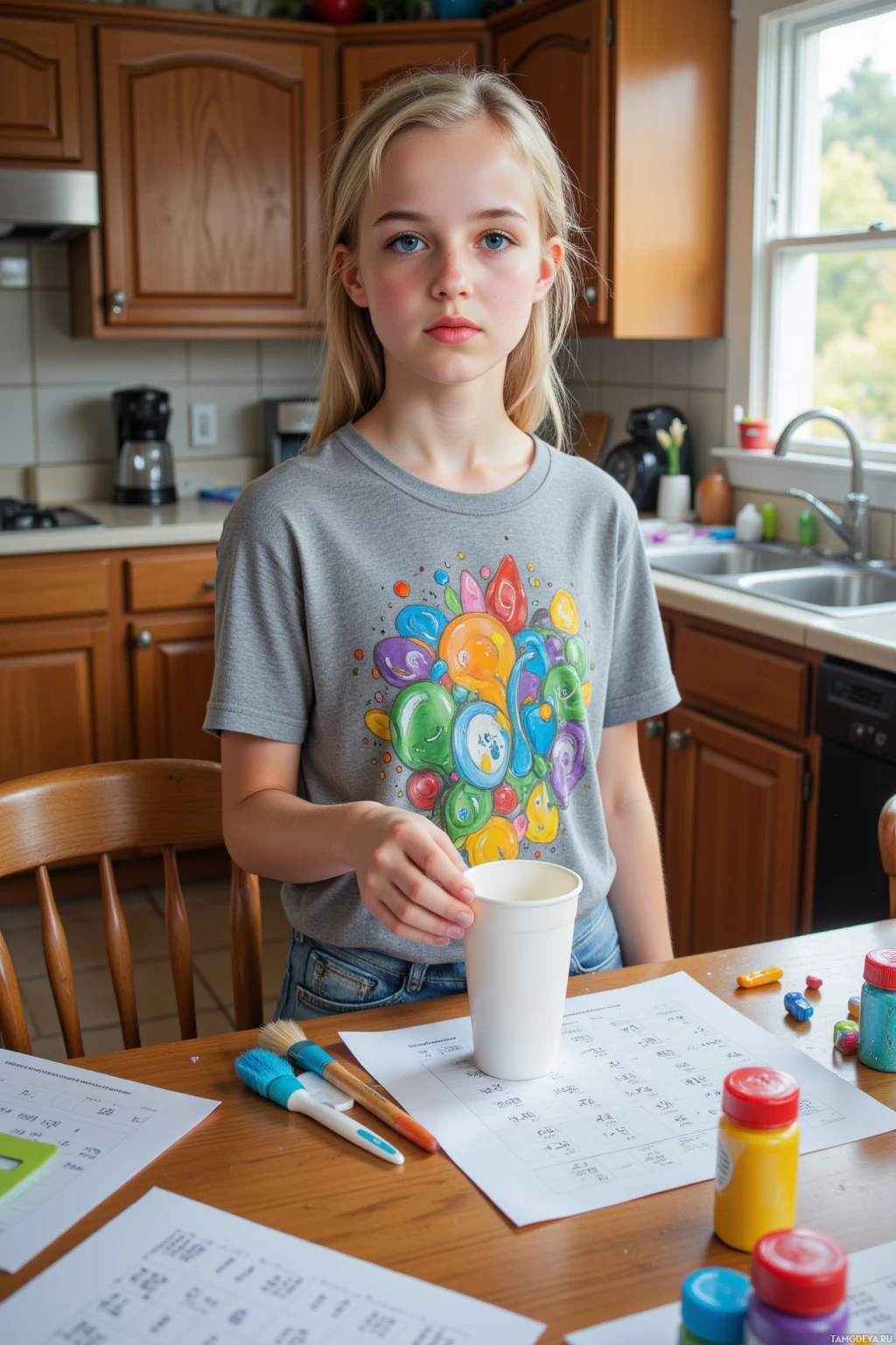 A young girl stands in a kitchen holding a cup while surrounded by art supplies and papers on a table.