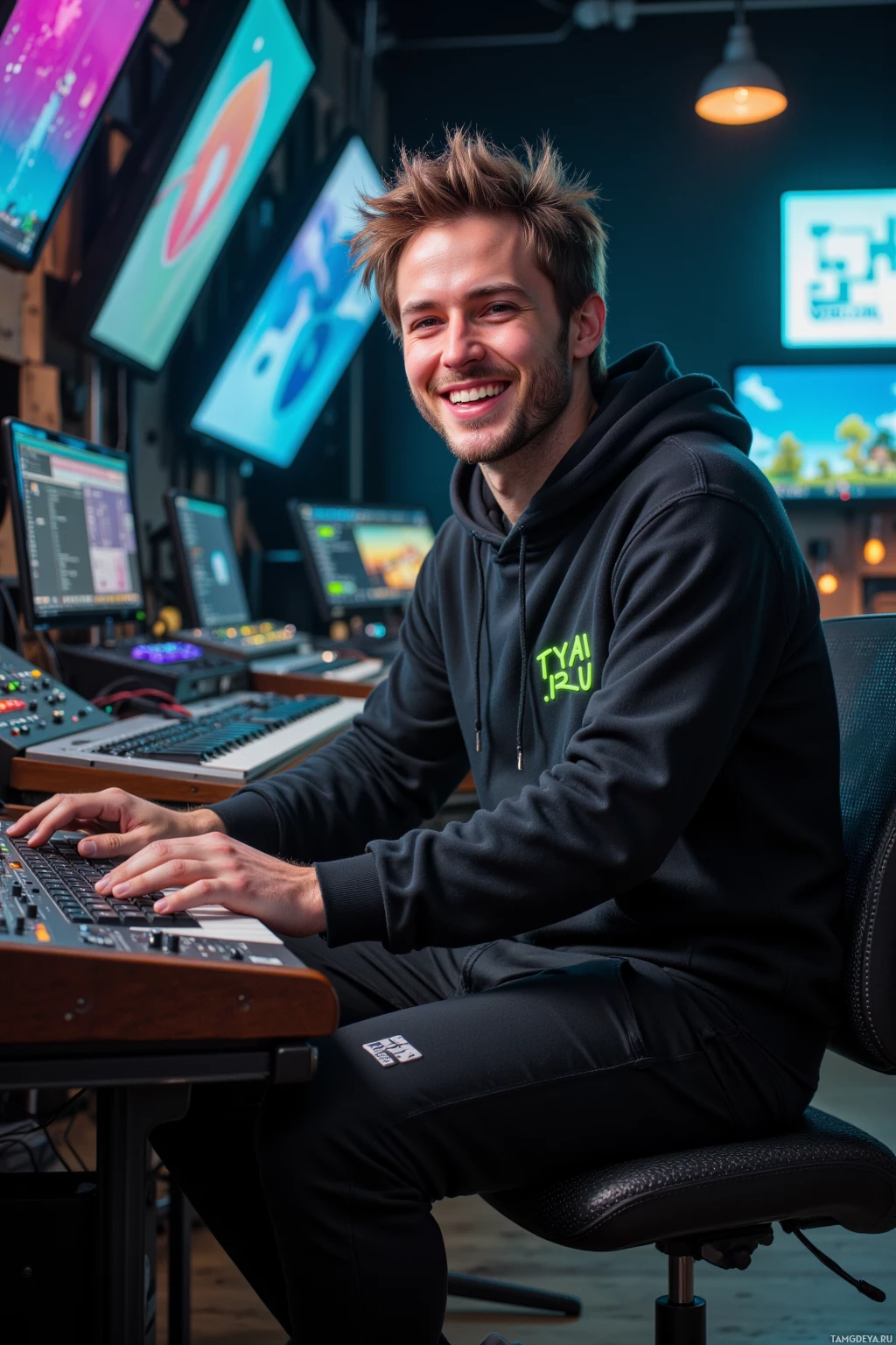 A person is sitting at a desk in front of multiple monitors and audio equipment, smiling while typing on a keyboard.