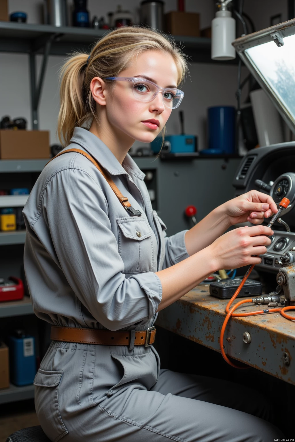 A person in a workshop setting, wearing a utility jumpsuit and glasses, working on a vehicle's dashboard.