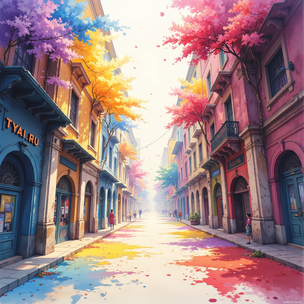 A vibrant, colorful street lined with buildings and trees in bloom.