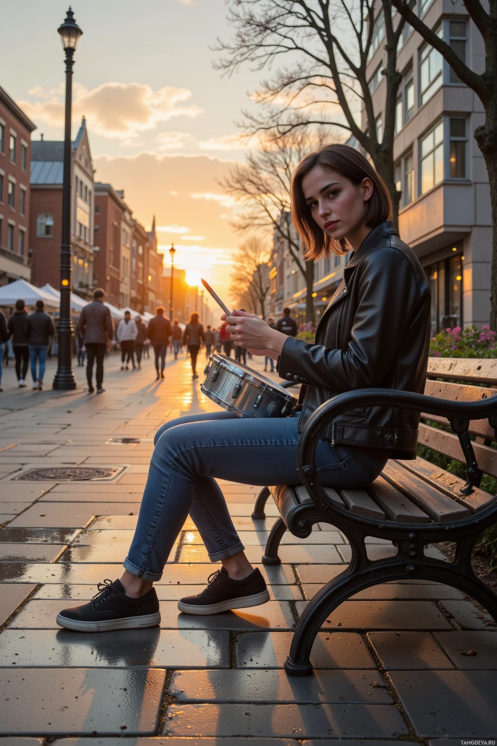 A person sits on a bench holding a drumstick, with a cityscape and sunset in the background.